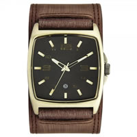 Buy Kahuna Watches KUC-0034G Mens PVD Gold plated  Brown Genuine Leather Broad Strap Watch online