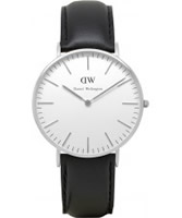 Buy Daniel Wellington Ladies Sheffield Silver Black Leather Strap Watch online